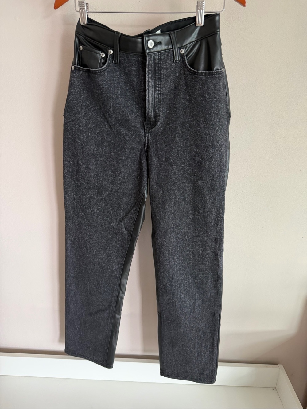 Abercrombie & Fitch Curve Love Ultra High Rise Ankle Straight Denim Leather Pant